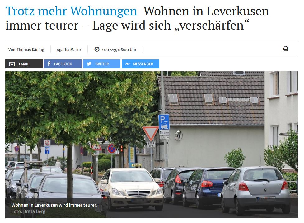 Trotz mehr Wohnungen Wohnen in Leverkusen immer teurer – Lage wird sich „verschärfen“/ KSTA vom 11.07.2019