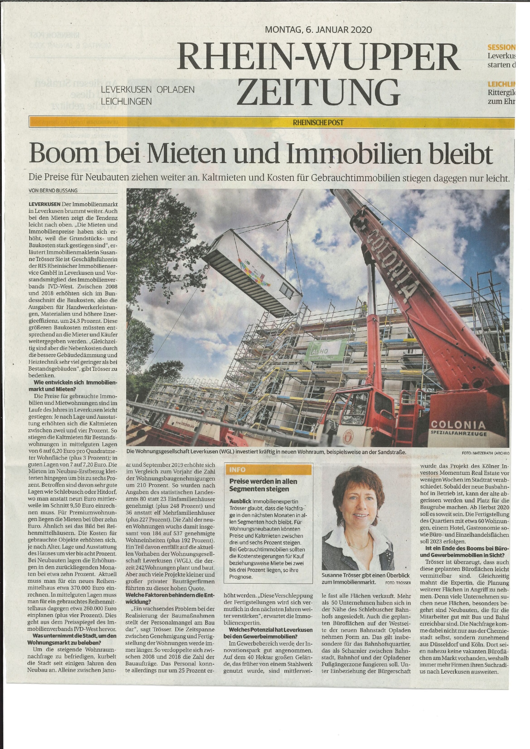 Boom bei Mieten und Immobilien bleibt / Rheinische Post vom 06.01.2020